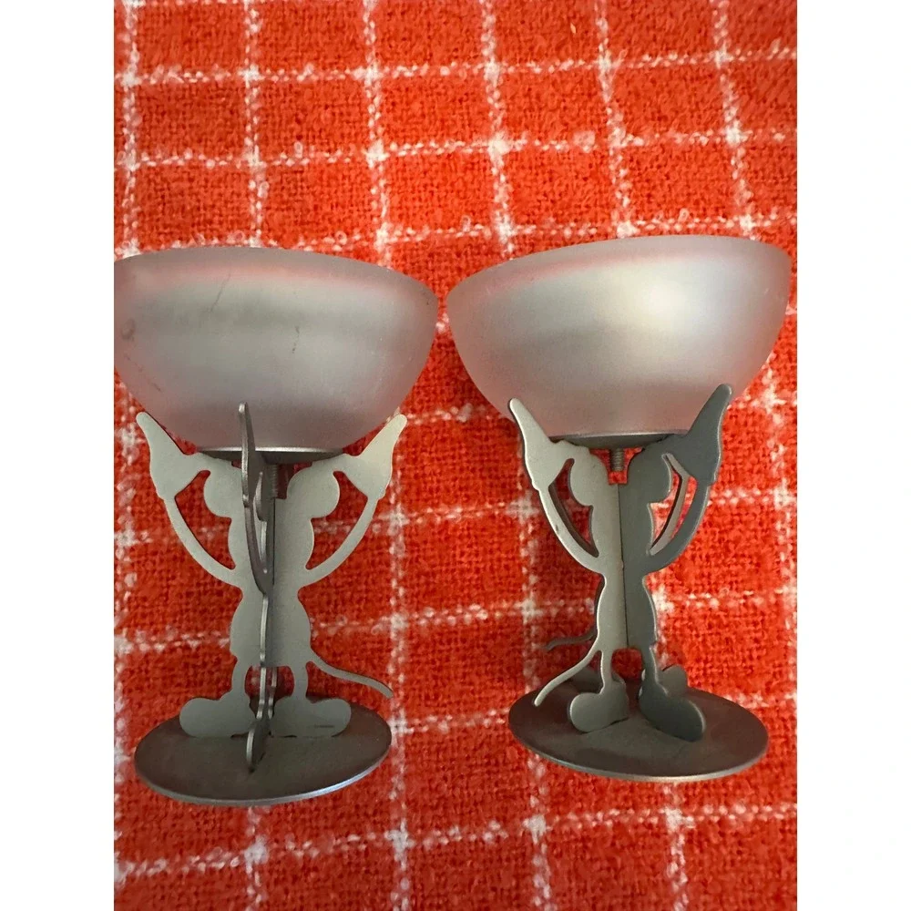 Disney Mickey Mouse Frosted Glass Votive Candle Holder Set Metal Base 2pc